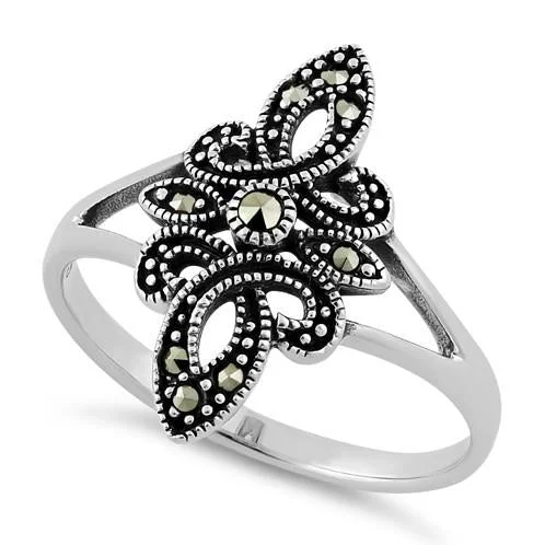 Personalized Gemstone Rings-Sterling Silver Unique Fleur de Lis Marcasite Ring