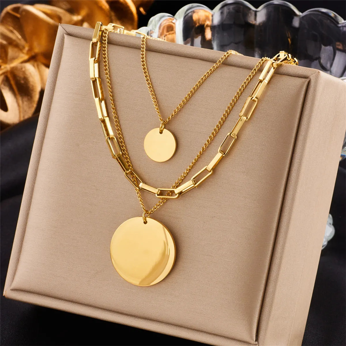 Classy Necklaces-Retro Punk Round Stainless Steel Layered Plating 18k Gold Plated Layered Necklaces