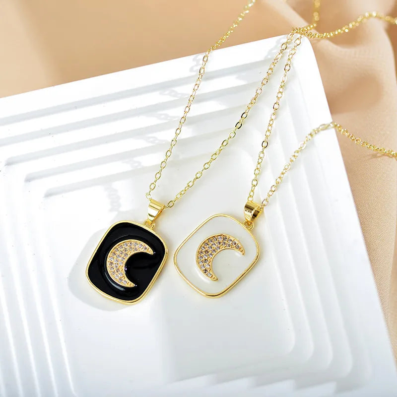 Anniversary Necklaces-Elegant Moon Copper Enamel Plating Inlay Zircon Gold Plated Pendant Necklace