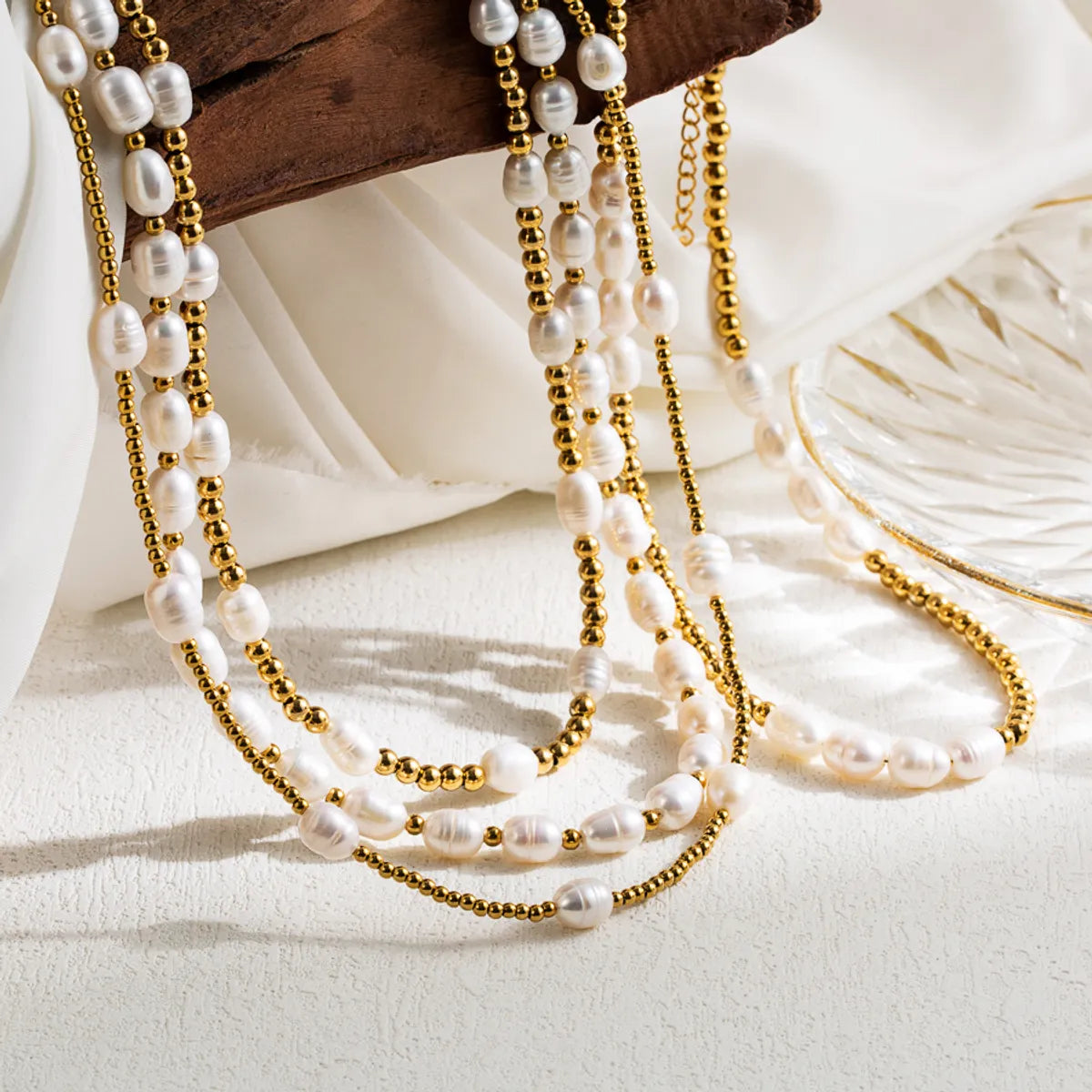 Double Chain Necklaces-Ig Style Sweet Oval Stainless Steel Freshwater Pearl Beaded Handmade 18k Gold Plated Necklace