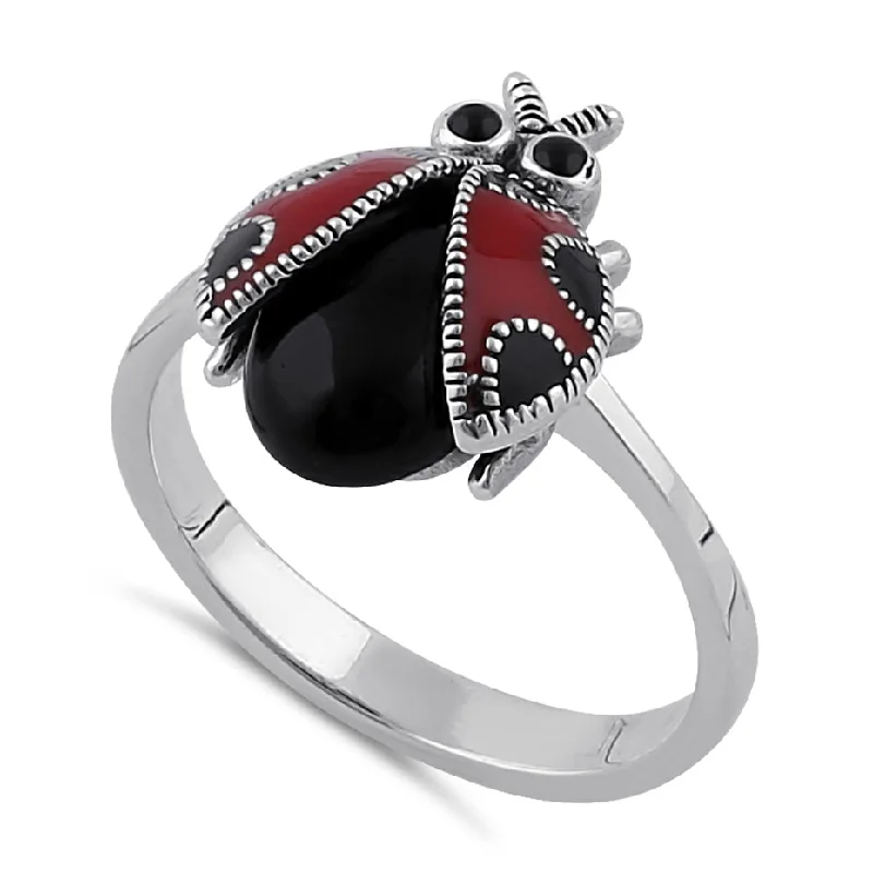 Engagement Rings-Sterling Silver Black Onyx and Enamel Ladybug Marcasite Ring