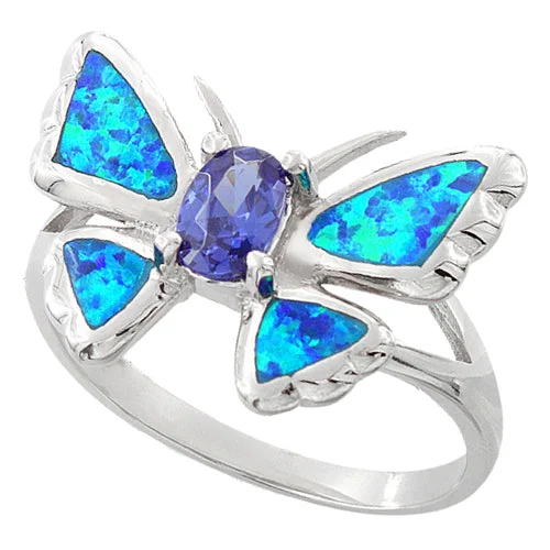 Vintage Engagement Rings-Sterling Silver Lab Opal Butterfly Tanzanite CZ Ring