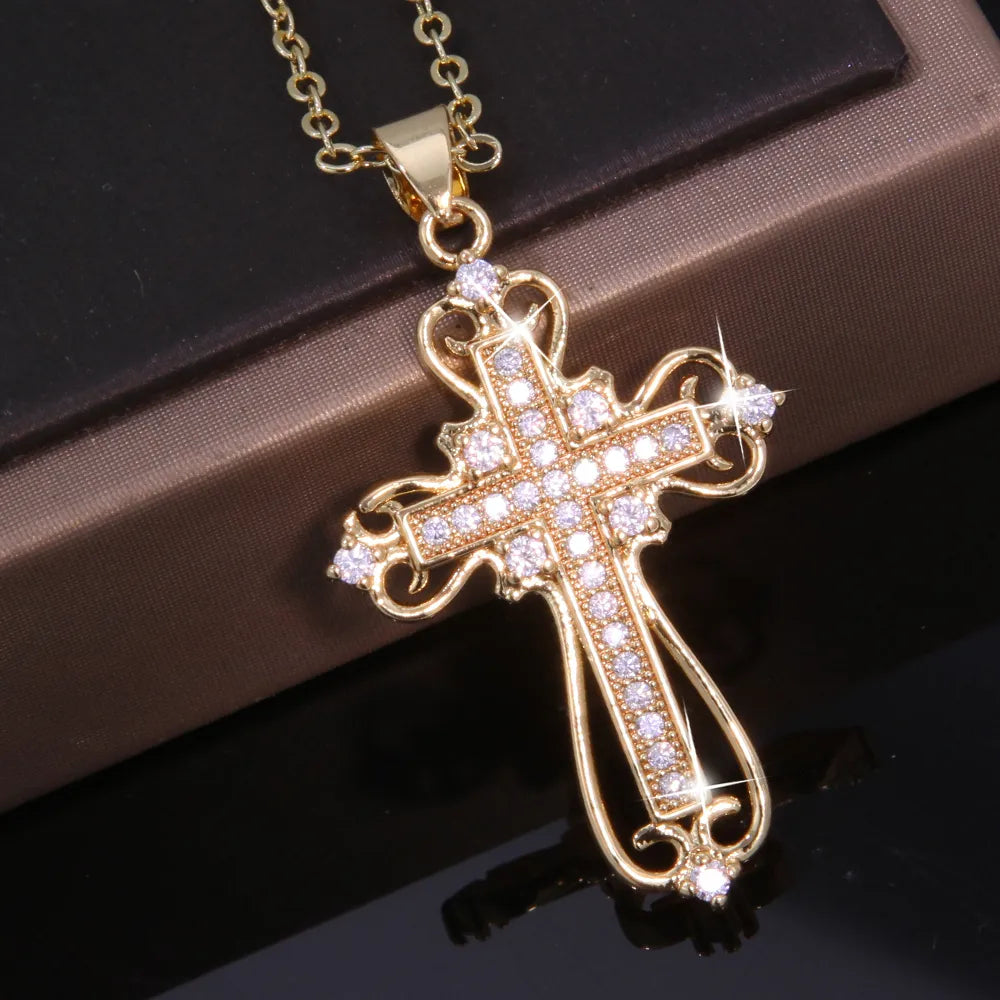 Cute Gold Necklaces-Copper 18K Gold Plated Inlay Cross Heart Shape Zircon Pendant Necklace