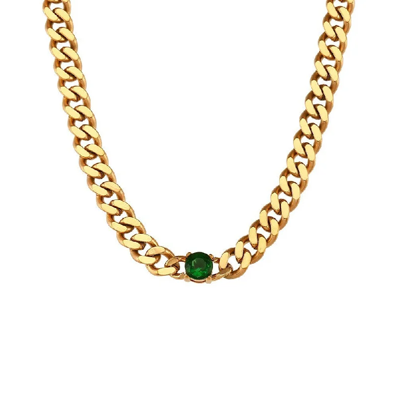 Golden Cuban Chain Round Zircon Necklace - Green Diamond