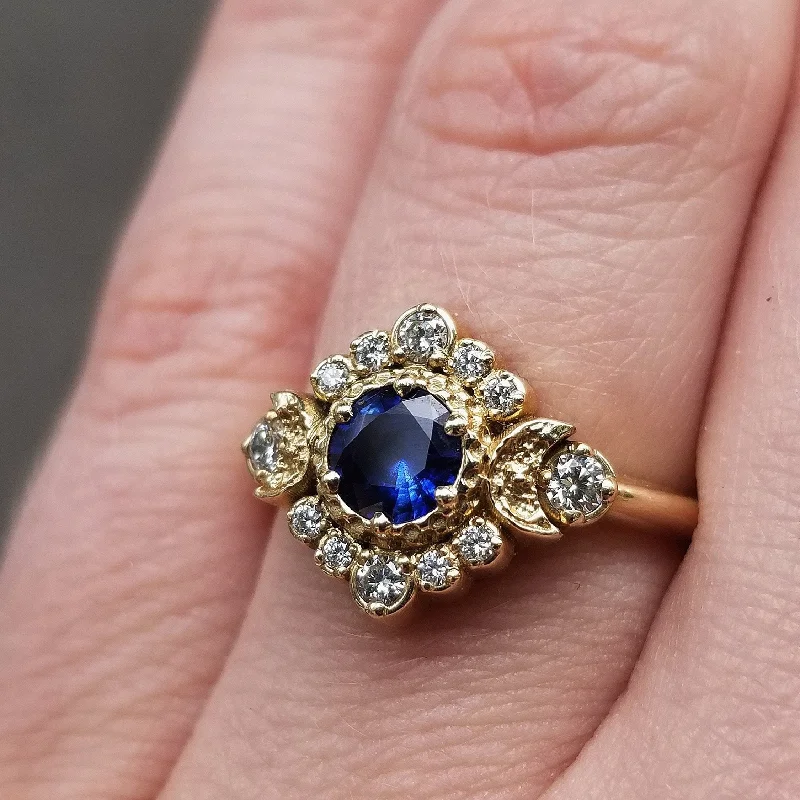 Custom Gemstone Rings-Ready to Ship Size 6 - 8 - Blue Moon Halo Sapphire Engagement Ring Set with Double Chevron Wedding Band - 14k Yellow Gold - Handmade Jewelry