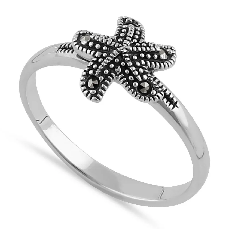 Luxury Diamond Rings-Sterling Silver Star Fish Marcasite Ring