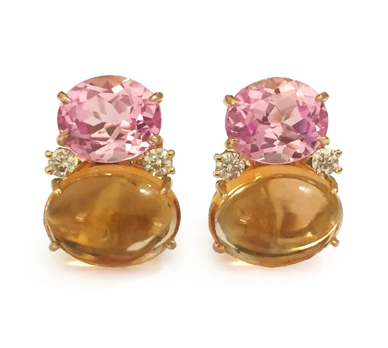 Elegant Gemstone Earrings-Large GUM DROP™ Earrings with Pink Topaz and Cabochon Citrine and Diamonds