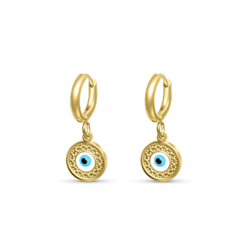 Gold Leaf Stud Earrings-Round Evil Eye Huggies