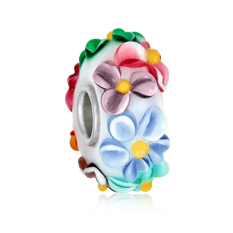 Stackable Bangle Bracelets-Murano Glass Charm Bead Multi-Color Flower Design Fits European Bracelet