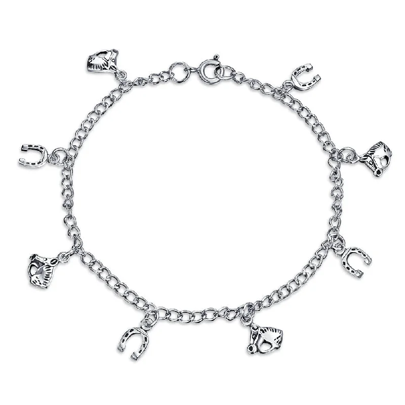 Charm Bracelets-Good Luck Horseshoe Horses Charm Bracelet Pave CZ .925 Sterling Silver