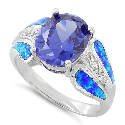 Opal Rings-Sterling Silver Extravagant Lab Opal Tanzanite CZ Ring