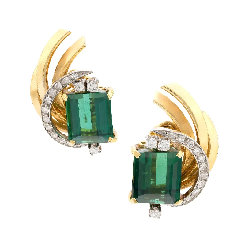 Cute Drop Earrings-Vintage 14 carat green tourmaline diamond 18k yellow gold earrings