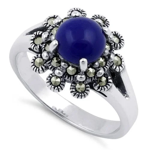 Engagement Rings for Women-Sterling Silver Blue Lapis Flower Marcasite Ring