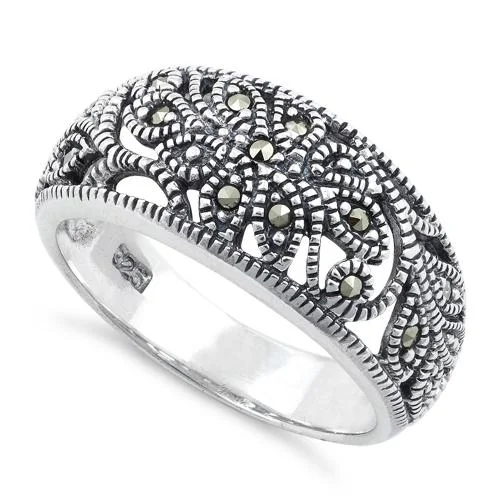 High-End Rings-Sterling Silver Flower Marcasite Ring