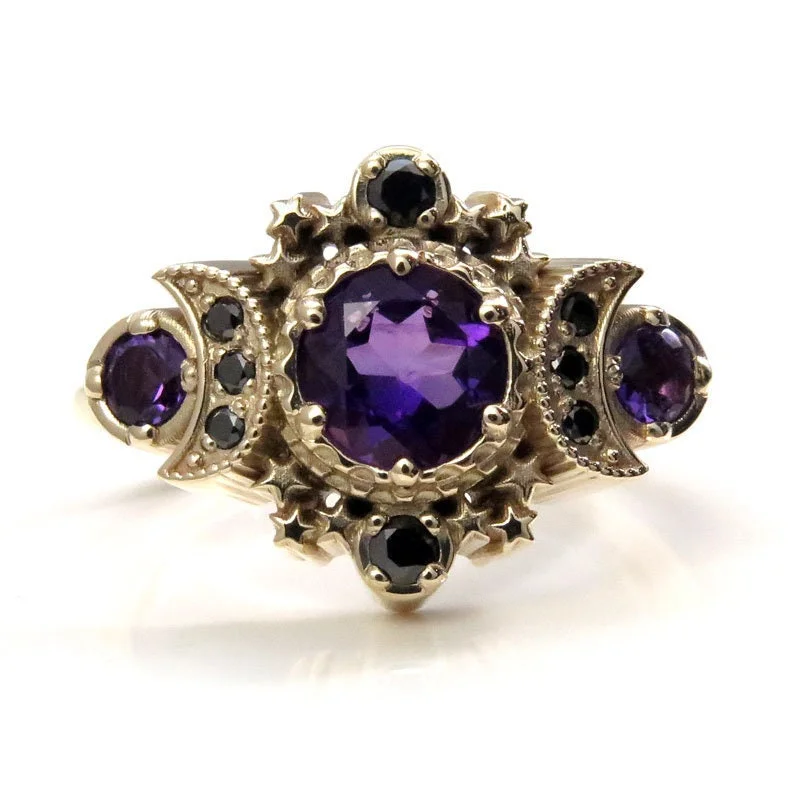 Vintage Style Rings-Amethyst and Black Diamond Cosmos Engagement Ring - Gothic Engagement Fine Jewelry