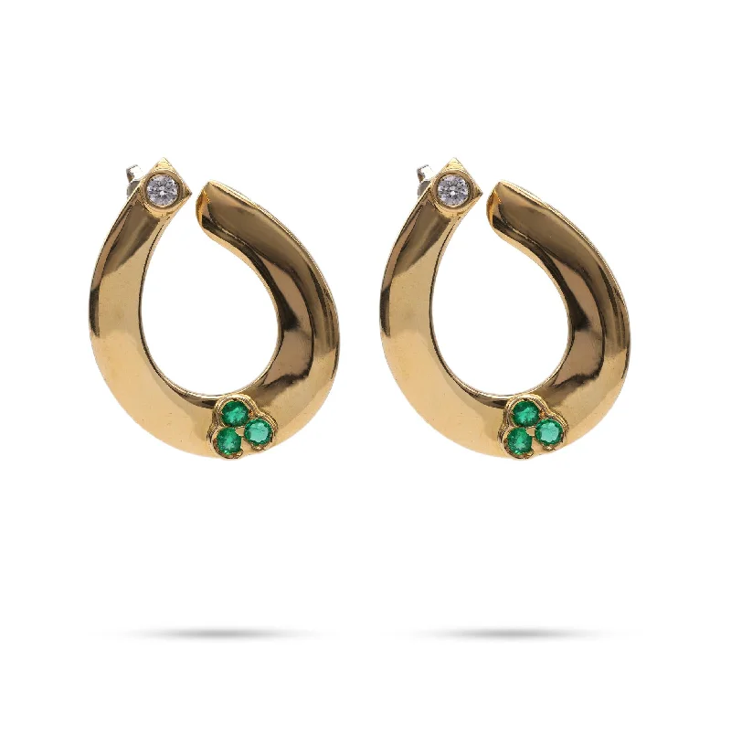 Vintage Hoop Earrings-Diamond Emerald Yellow Gold Hoop Earrings