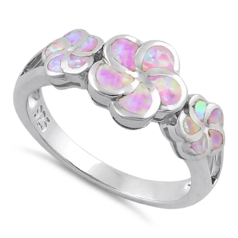 Luxury Gemstone Rings-Sterling Silver Plumeria Pink Lab Opal Ring