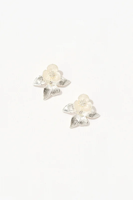 Black Diamond Earrings-Glistening Silver Floral Stud Earrings