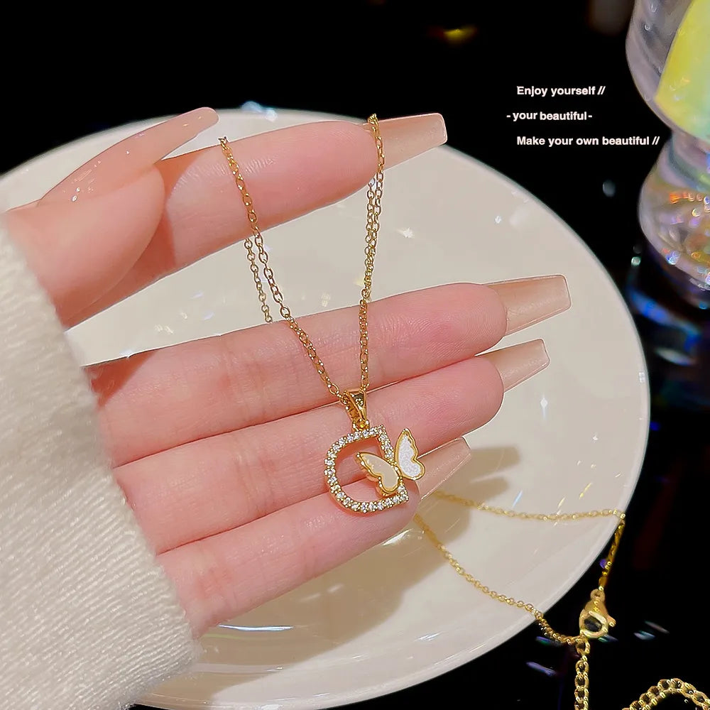 Pendant Chain Necklaces-304 Stainless Steel Copper Inlay Letter Butterfly Zircon Pendant Necklace