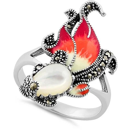 Men’s Diamond Rings-Sterling Silver Mother of Pearl Enamel Ghost Fish Marcasite Ring