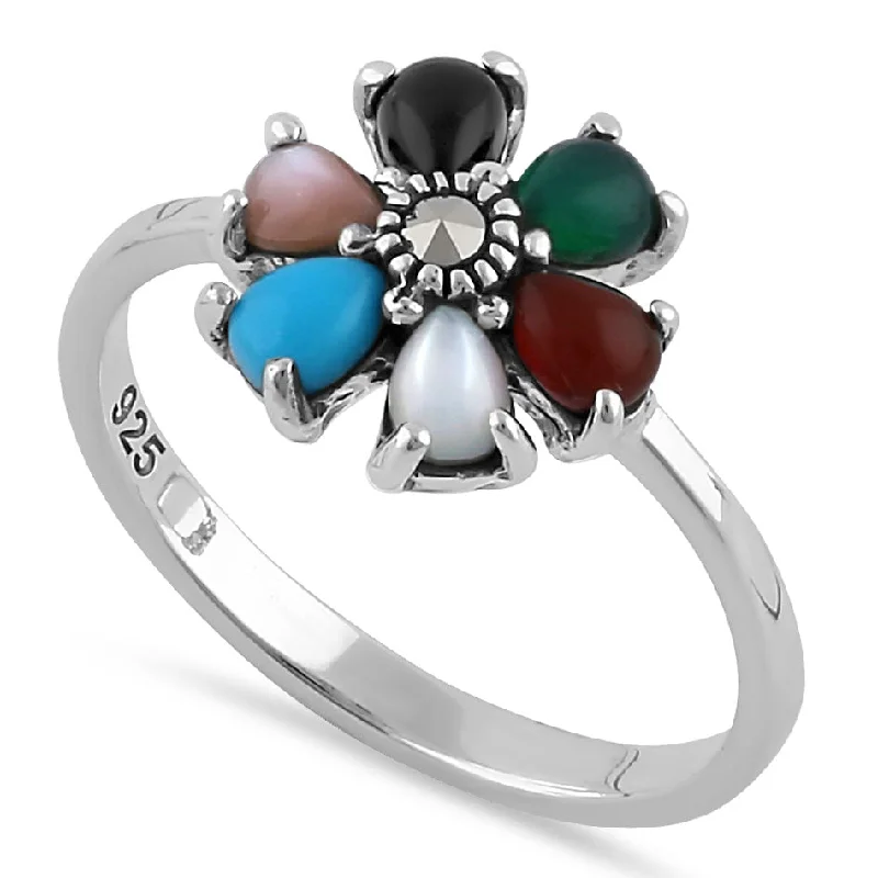 Colored Diamond Rings-Sterling Silver Multi-Color Pear Flower Marcasite Ring