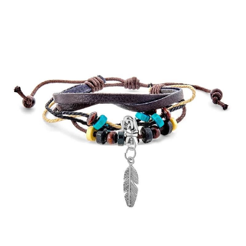 Handcrafted Leather Bracelets-Boho Zen Leaf Triple Wrap Bracelet with Turquoise Beads and Feather Charm