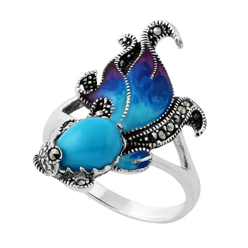 Luxury Wedding Rings-Sterling Silver Simulated Turquoise Fish Ghost Marcasite Ring