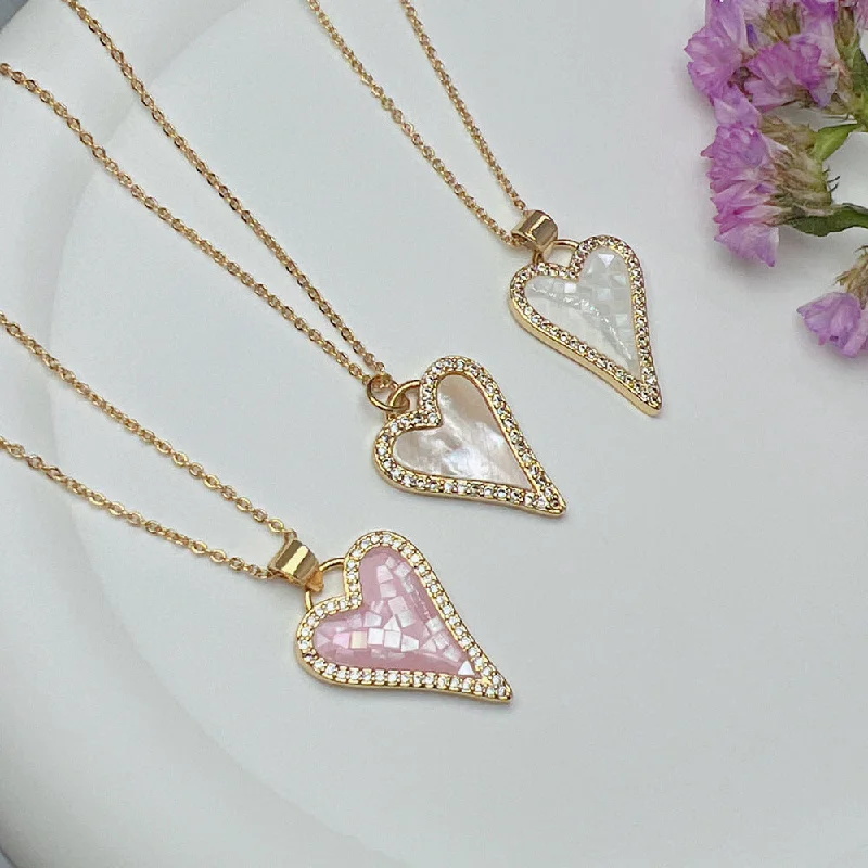 Antique Silver Necklaces-Sweet Simple Style Heart Shape Copper Plating Inlay Shell Zircon 18k Gold Plated Pendant Necklace