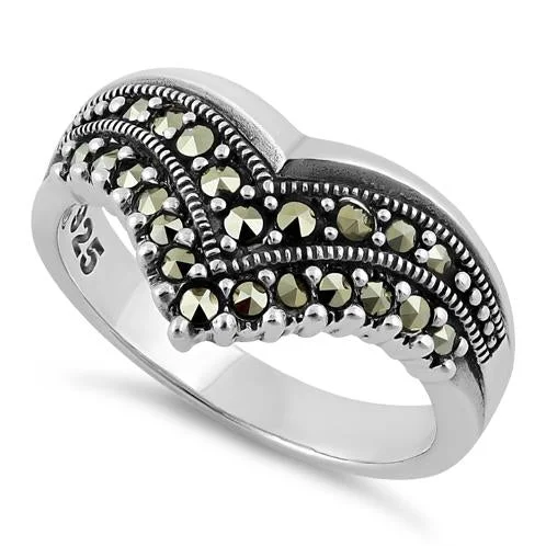 Halo Rings-Sterling Silver V Shape Marcasite Ring