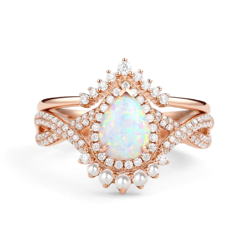 Vintage Style Rings-Pear Opal & Pearl Halo Infinity Ring Set 2pcs