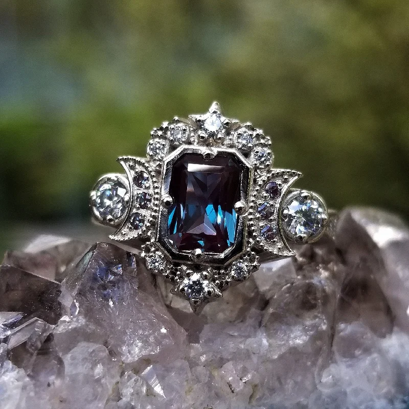 Artisan Rings-Radiant Alexandrite Selene Moon Engagement Ring - Diamonds and Chatham Alexandrite - 14k Gold