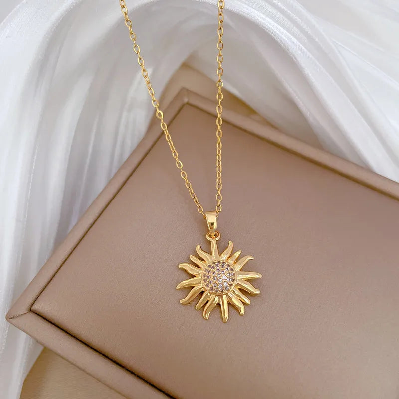 High-End Necklaces-Titanium Steel Copper Gold Plated Cute Modern Style Classic Style Inlay SUNFLOWER (Jz001) Zircon Pendant Necklace