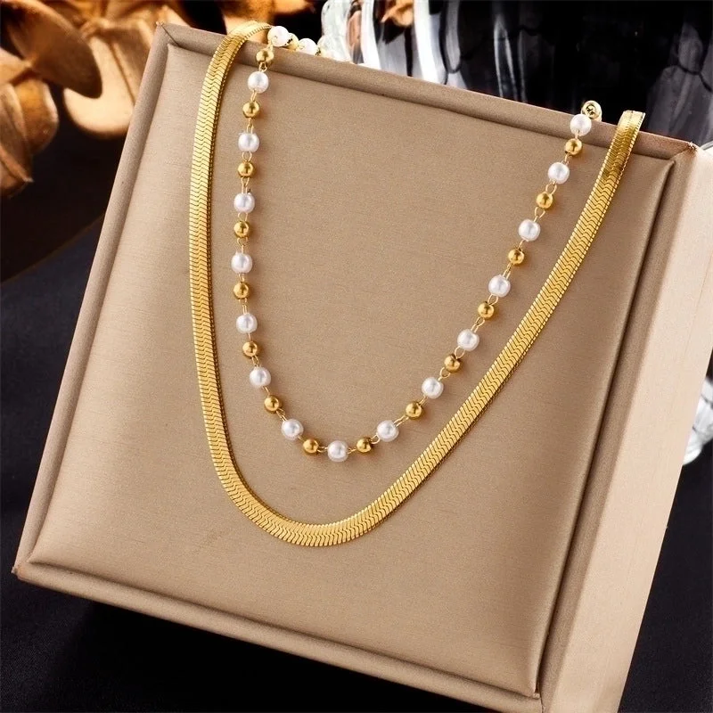 Zodiac Sign Necklaces-Fashion Pearl Titanium Steel Plating Layered Necklaces