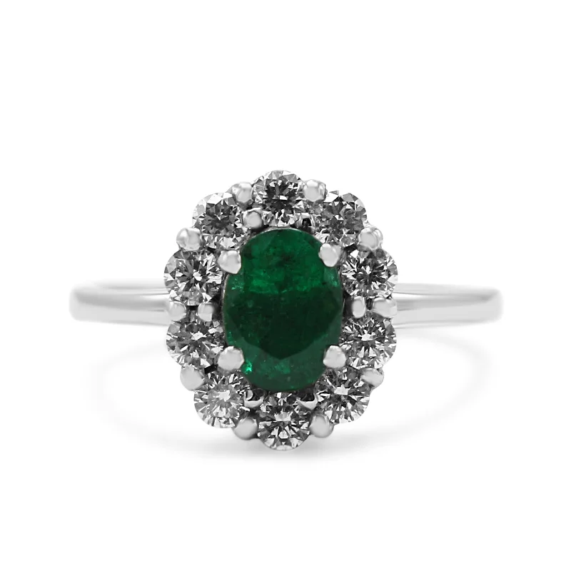 Pearl Rings-Platinum Diamond & Emerald Oval Cluster Ring