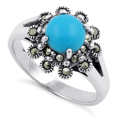 Custom Nameplate Rings-Sterling Silver Simulated Turquoise Flower Marcasite Ring