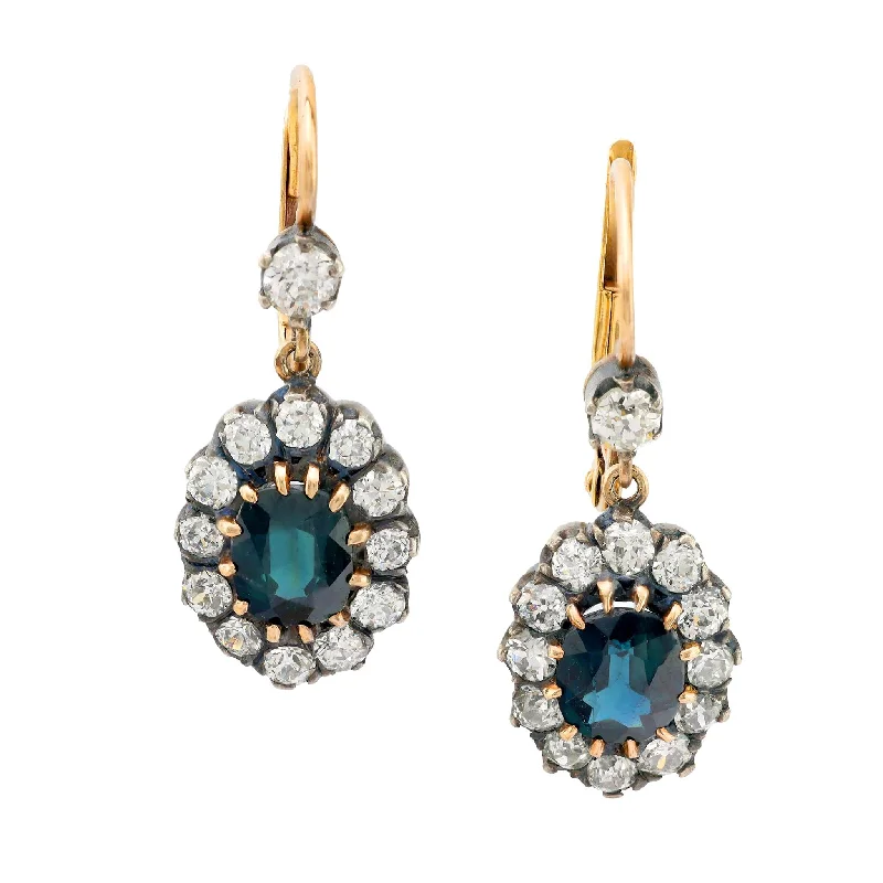 Boho Chic Earrings-Antique style 1.95 carat sapphire diamond 18k gold silver cluster earrings