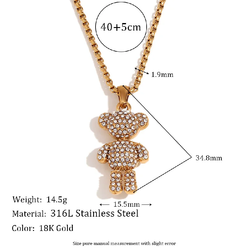 Square Pearl Chain Full Diamond Standing Bear Pendant Necklace - Gold