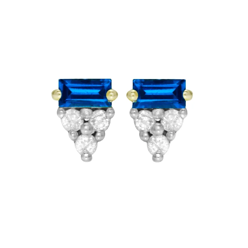 Rose Gold Earrings-Sapphire Baguette and Diamond Trio Pavé Stud Earrings, 14k