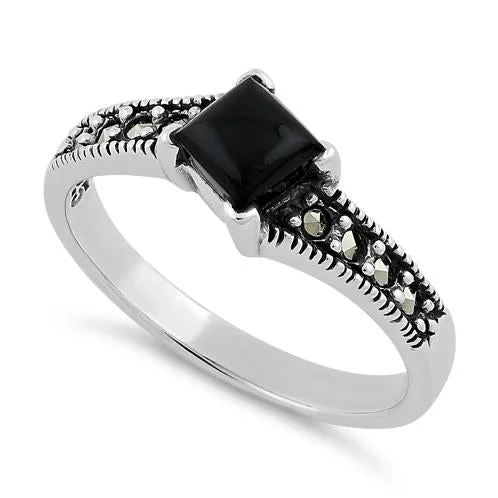 Cocktail Rings-Sterling Silver Square Black Onyx Marcasite Ring