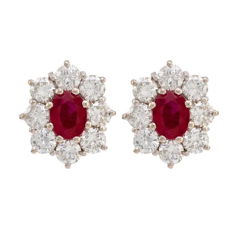 Rainbow Earrings-Vintage GIA Burma Ruby Diamond 18K White and Yellow Gold Cluster Earrings