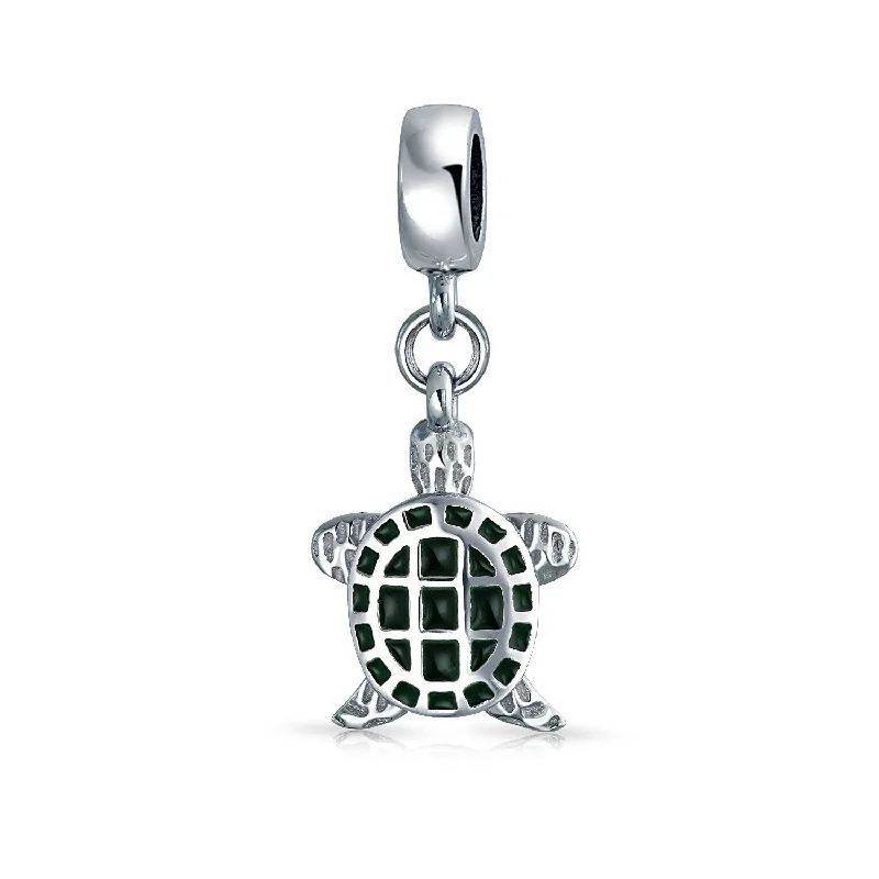 Men’s Bracelets-Nautical Green Turtle Dangle Charm Bead Sterling Silver for European Bracelet