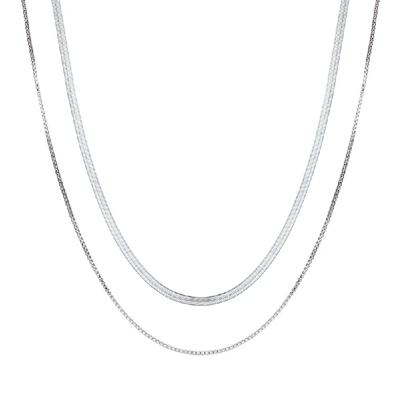 Double layered flat snake chain necklace - steel color