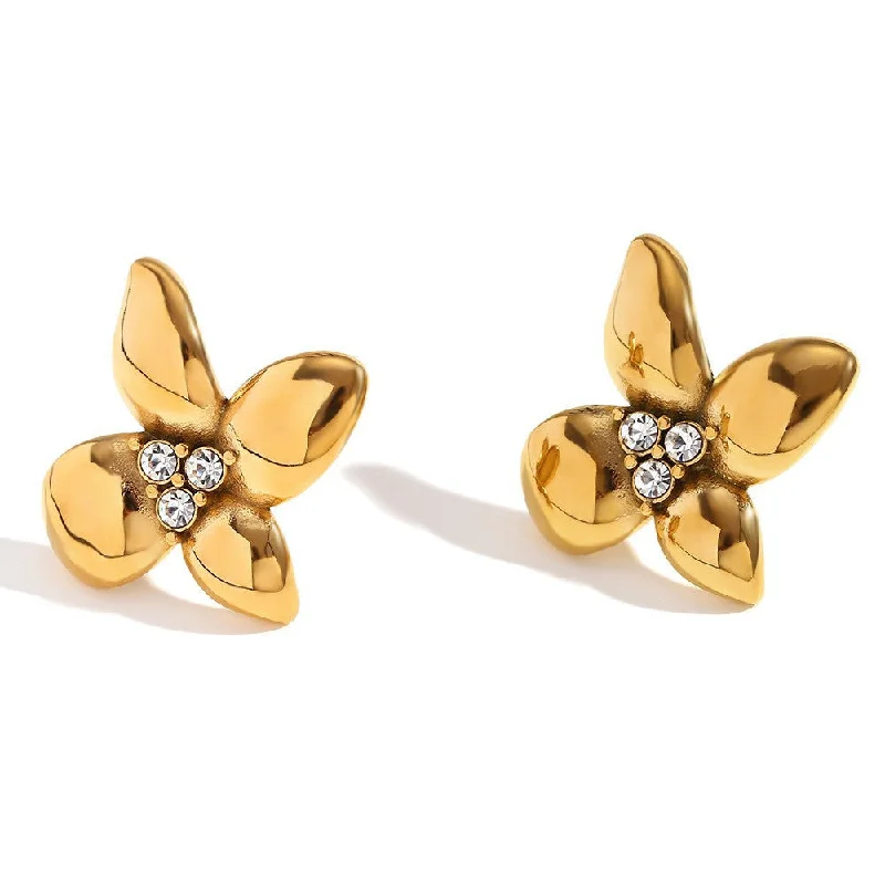 White Diamond Flower Earrings - Gold