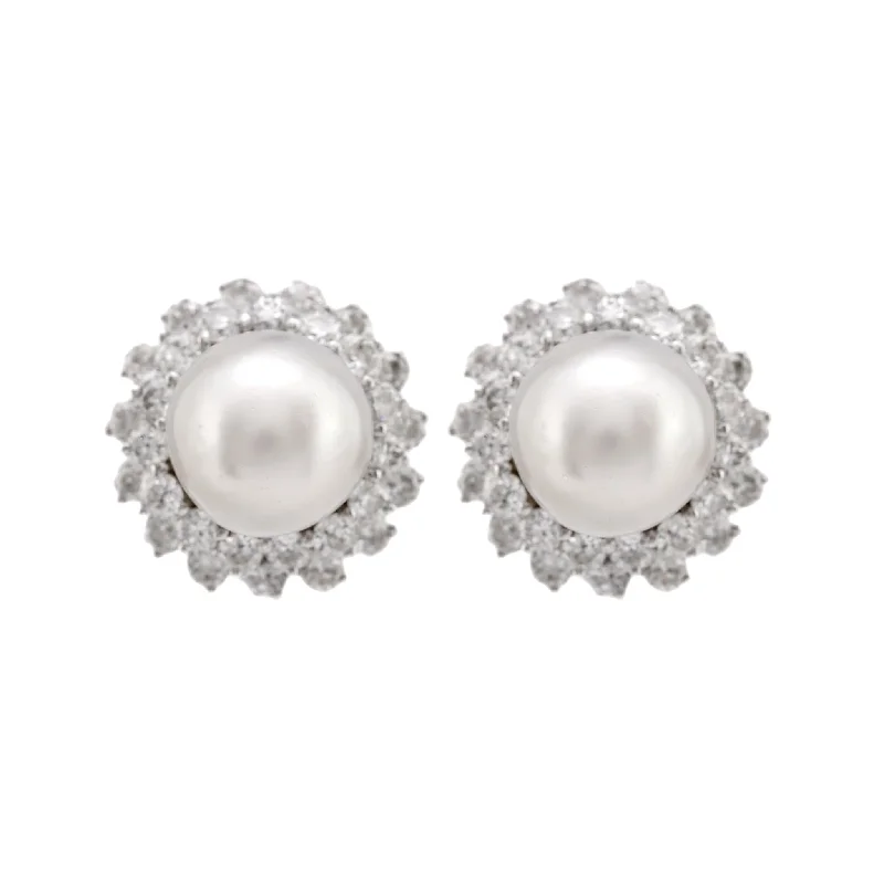 Natural Gemstone Earrings-Mid Century South Sea Pearl 7 Carat Total Weight Diamond Platinum Cluster Studs