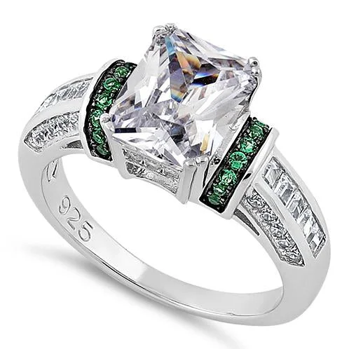 Flower Rings-Sterling Silver Emerald-Cut Green CZ Ring