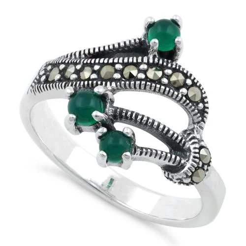 Mixed Metal Rings-Sterling Silver Round Green Agate Abstract Marcasite Ring