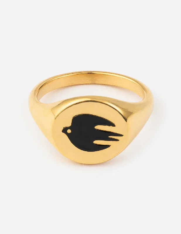 Diamond Rings-Black Enamel Gold Dove Ring