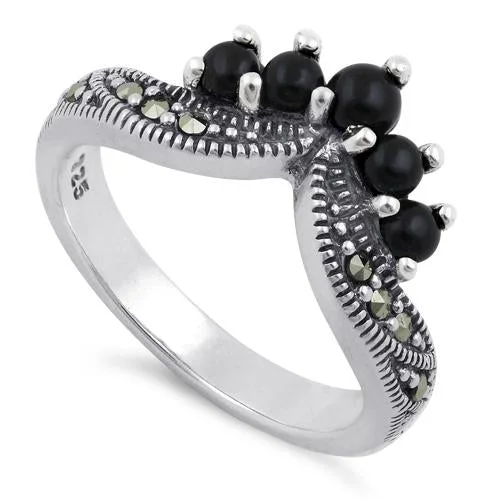 Crystal Rings-Sterling Silver Black Onyx Pointed V Marcasite Ring