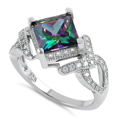 Unique Wedding Rings-Sterling Silver Princess Cut Rainbow CZ Ring