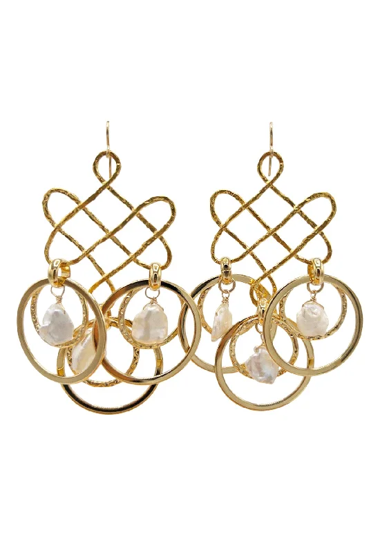 Zircon Earrings-Freshwater Pearl Gold Trellis Statement Earrings